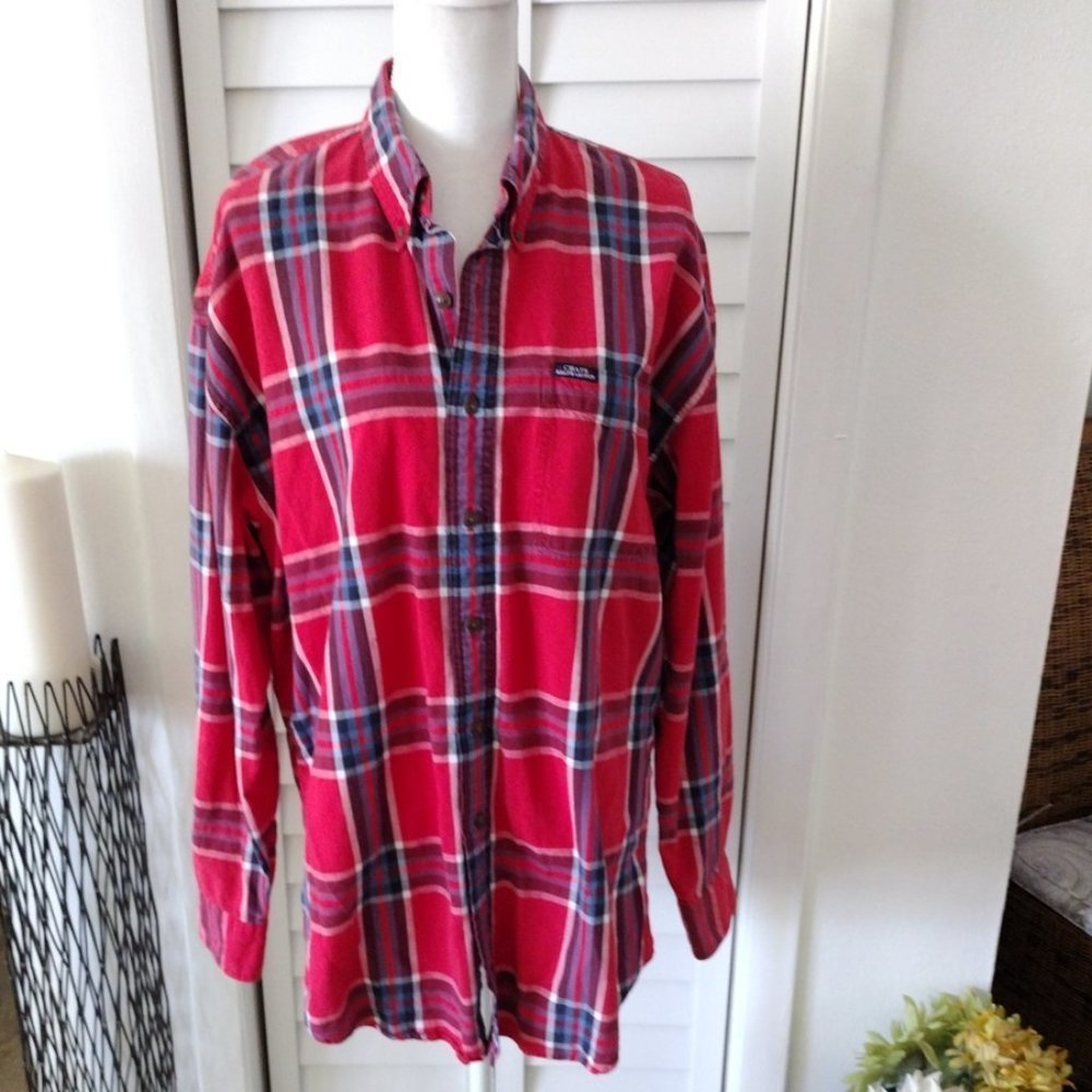 Chaps Ralph Lauren red lightweight flannel plaid button down unisex shirt Sz L